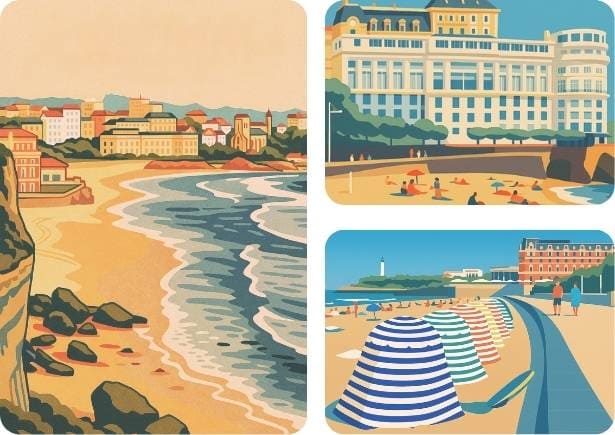 illustrations de vues de Biarritz style cartes postales vintage