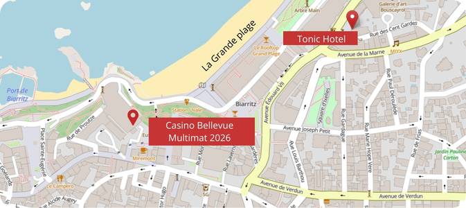 plan de Biarritz, visualisation de l'hôtel Tonic et du Casino Bellevue, lieu de la conférence Multimat 2026